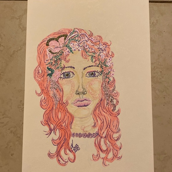 Unframed Original Glittering Butterfly & Feathered Pink Haired Girl Portrait - Picture 1 of 6